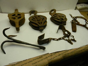 53-19-A  Vintage Old West Yard Art 3 ornate pulleys, hook, cow kickers - Picture 1 of 7