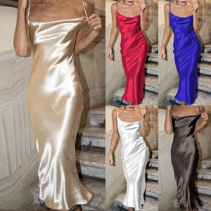 Ladies Satin Silk Strappy Long Dress Summer Party Cocktail Backless Dresses SEXY - Picture 1 of 31