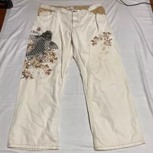 Karakuri Tamashii Denim Jeans Pants Koi Carp Fish Embroidered White Size 40 - Picture 1 of 10