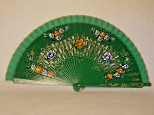 Sevilla Espana Folding Hand Fan Hand Painted Bamboo Panels Floral Emerald Green - Picture 1 of 10
