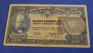 Rare Genuine Vintage 1926 Albania 20 Franga 1st Issue Overprint Banknote GoodXF+ - Picture 1 of 2