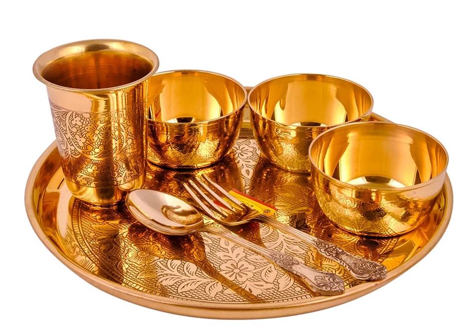 Pure Brass Thali Set | Dinner Set | Engraved Flowers Design - 7 Pieces Pital  - Image 1 of 1
