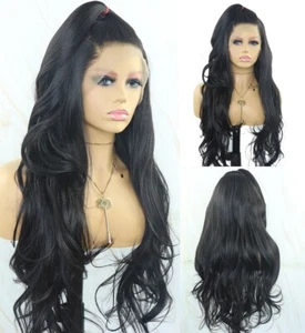 Pre Plucked Long Wavy Natural Black HD T Lace Front Wig Heat Resistant Hair - Picture 1 of 8
