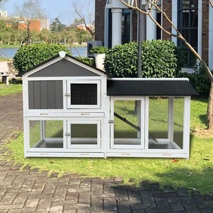 Outdoor Removable Tray Ramp Wooden Rabbit Hutch with Running Cage Weatherproof - Picture 1 of 9