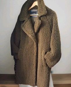 Lucky Brand Collar Teddy Coat Faux Fur Shearling Olive Green M  - Picture 1 of 15