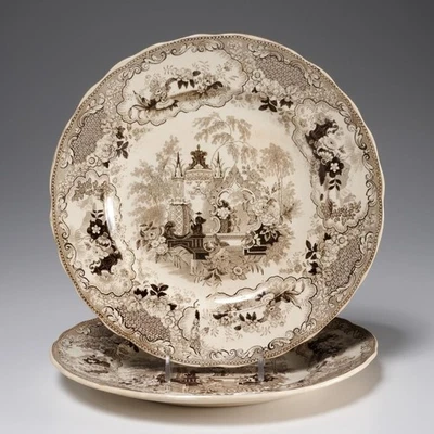 Enoch Wood and Sons Staffordshire Brown Transfer Ware Sicilian Plates Iris Apfel - Image 1 of 4
