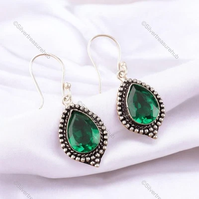 Pear Green Emerald Stone 925 Sterling Silver New Drop Dangle May Birth Earrings - Image 1 of 4