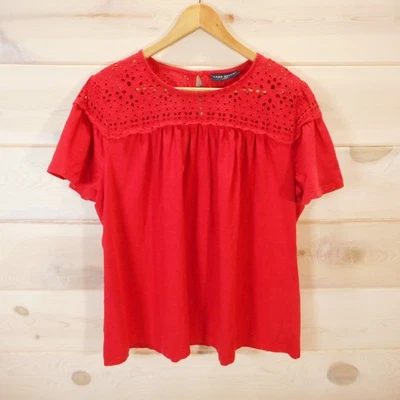 Top de algodón Lane Bryant talla 18/20 manga corta aleteada ojales ojo de cerradura trasero rojo Foto 1 de 4