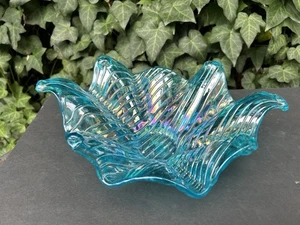 Murano Hand Blown Handkerchief Style Ribbed Aqua Turquoise Blue Candy Bowl - Picture 1 of 7