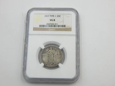1917 S  TYPE 1 NGC VG8 STANDING QUARTER 25C SILVER COIN (443) - Image 1 of 2