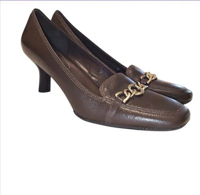 Cole Haan Dark Sable Cuero Marrón Gatito Tacón Apilado Cristal Bomba - 9.5 Foto 1 de 4