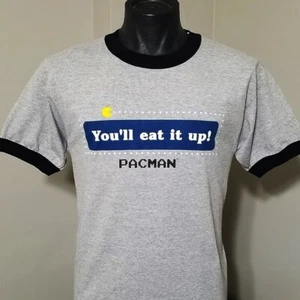 Vintage Pac Man Pac-Man You'll Eat It Up T Shirt M Giant Gray Black Ringer Tee - Picture 1 of 6