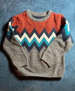 M&S Kids | Grey, Red & Blue Retro Knit Jumper with Zig Zag Yoke | Age 3-4 Years - Picture 1 of 4