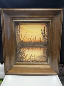 SPRUCE SUNSET -original Vintage framed oil landscape painting 10 x 8 inch canvas - Picture 1 of 8