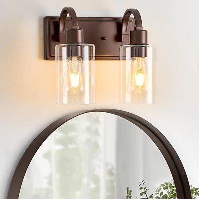 Luces de tocador de baño de granja, apliques de pared marrón vintage de 2 luces baño Va Foto 1 de 4