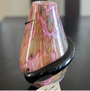 SIGNED ROBERT EICKHOLT ART GLASS  VASE Applied GLASS Rope STUNNING PINK BLACK - Picture 1 of 6