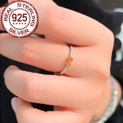 Massiver 925 Sterlingsilber CZ Bräute Pave Unendlichkeit Symbol Verlobungsring - Bild 1 von 4