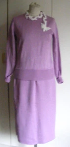 Vintage 1980s silk knit skirt suit Lewis Henry lilac butterfly lace size 12-14 - Picture 1 of 8