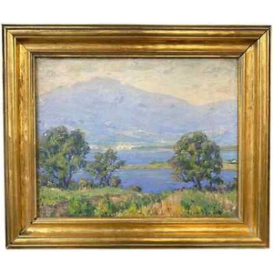 Dipinto ad olio impressionista Clara Emma Langenbach, paesaggio montano con lago - Foto 1 di 9