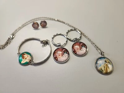 Art Deco Lady Keychains Necklace Earrings Bracelet Set - Image 1 of 4