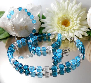 3er Set Collier Ohrringe Armband facettierte Kristall Glas Würfel Petrol Türkis - Bild 1 von 4