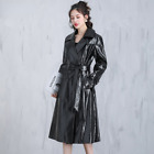 Autumn Long Waterproof Shiny Reflective Leather Trench Coat for Women Belt