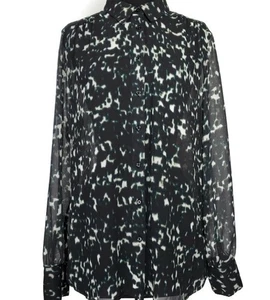 Gap Black Cream Green Blurred Print Sheer Chiffon L/S Buttoned Blouse - L Petite - Picture 1 of 11