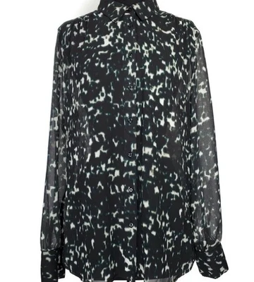 Gap Black Cream Green Blurred Print Sheer Chiffon L/S Buttoned Blouse - L Petite - Image 1 of 4