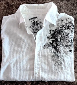 Machine White Short Sleeve Shirt Men's Medium Patterned Club Party Lightweight - Picture 1 of 6