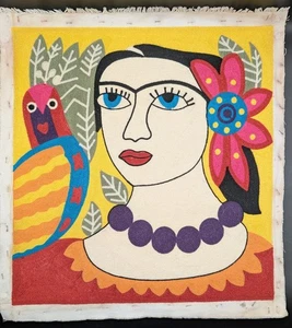 Frida Kahlo Inspired Embroidered Panel, Chain Sitich On Canvas, Parrot - Picture 1 of 7