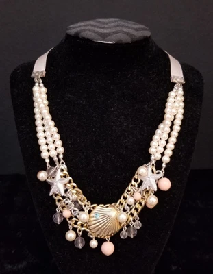 Sea Shells and Starfish Pearl Necklace, Ribbon Back. Pink. Gift Boxed. Avon. - Image 1 of 4