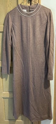 c1970s LESLIE FAY PALE BROWN DRESS WHITE TRIM SZ 14? ILGWU USA-MADE LABEL VG CND - Image 1 of 4