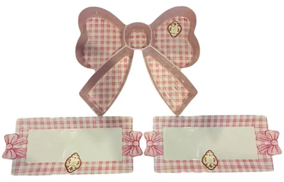 Shabby Chic 3 pc Set Pink Gingham Bow Shape Melamine Serving Platter & 2 Trays - Image 1 of 3