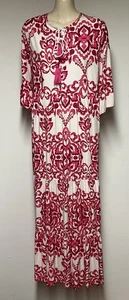 Monsoon Cerise Pink Printed Bead Neck Fluted Long Sleeve Long Dress Size 16-20 - Picture 1 of 2