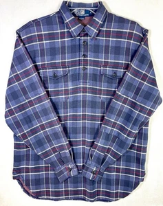 Vtg Polo Ralph Lauren Heavy Flannel Shirt Mens M Blue Tartan Plaid Elbow Patch - Picture 1 of 9