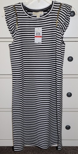 Abito tubino Michael Kors nuovo con etichette zip spalle volant nero bianco a righe taglia XS