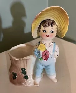 Leftons Japan Little Boy With Flowers And Tree Trunk Planter - Picture 1 of 6