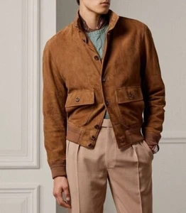 Herren Braunes Wildleder Jacke Pure Schafsfell Flug / Bomber Modisch Eigener - Bild 1 von 7