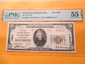 1929 $20 THE FIRST NATIONAL BANK OF SWINEFORD, PENNSYLVANIA PMG 55 EPQ LOW S/N - Picture 1 of 4