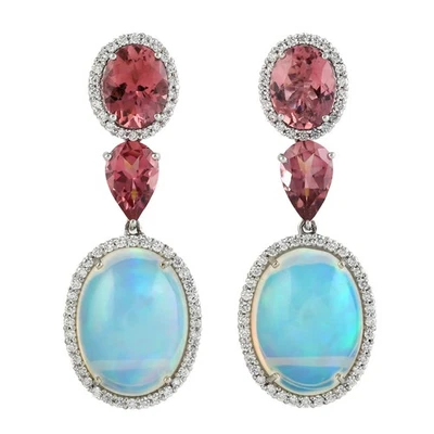 Pendientes de joyería fina oro blanco 18k diamante ópalo rosa turmalina colgante Foto 1 de 4