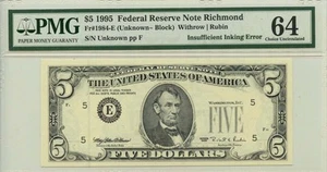 1995 $5 Federal Reserve Note Richmond Fr# 1984-E PMG CH64 Inking Error - Picture 1 of 2