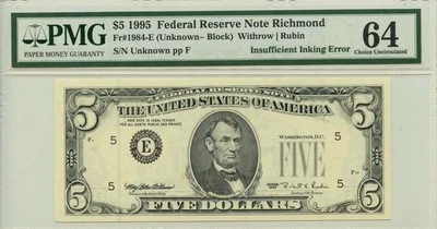 1995 $5 Federal Reserve Note Richmond Fr# 1984-E PMG CH64 Inking Error - Image 1 of 2