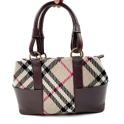 Bolso Cartera Burberry Nova Check Beige Marrón Lana Cuero Doble Asa Foto 1 de 4