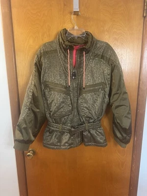 Kaelin Shiny Army Green Winter Ski Coat Belted Vintage 80’s Pink Details SZ 12 - Image 1 of 4
