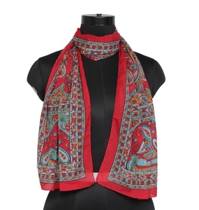 Sushila Vintage Red Women Neck Scarf Silk Blend Printed Paisley Stole 64" x 18" - Picture 1 of 6