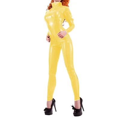 Women's High Neck Perspective Jumpsuits Open Zipper Crotch Clear PVC Catsuits - Image 1 of 4
