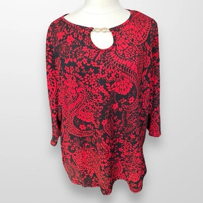 Cathy Daniels Women's Size 3X Top Shirt Tunic Red Black 3/4 Sleeve Scoop Neck - Image 1 of 4