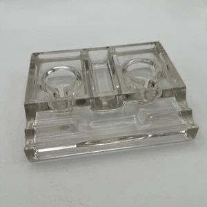 VINTAGE VICTOR DOUBLE Heavy GLASS DESK INKWELL PEN RESTS - Picture 1 of 7