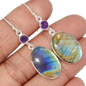 Natural Labradorite - Madagascar & Amethyst 925 Silver Earrings Jewelry CE44164 - Picture 1 of 1