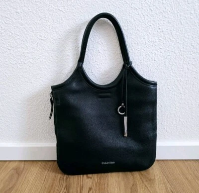 Calvin Klein Gabrianna Bag Novelty Slim Side Zip Leather Pebble Grain Tote Black - Image 1 of 4